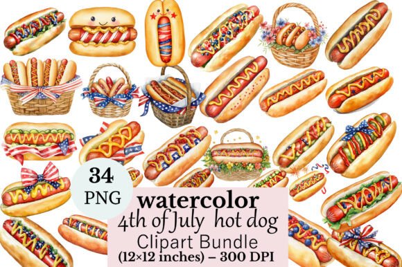 Vibrant Watercolor 4th of July Hot Dog Clipart B