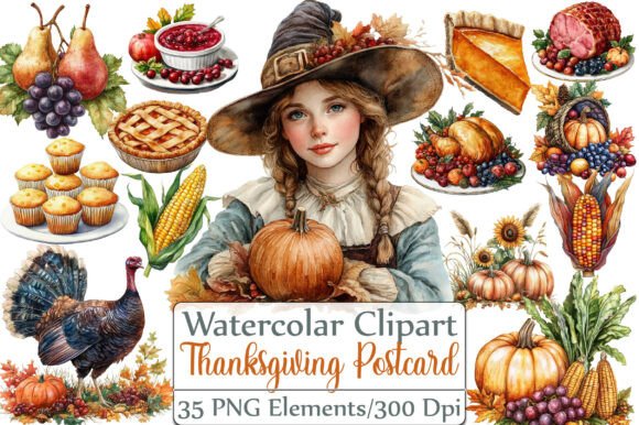Vintage Thanksgiving Postcard Clipart: Elevate Your Designs